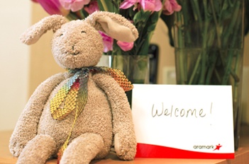 Stuffed rabbit with a welcome card.